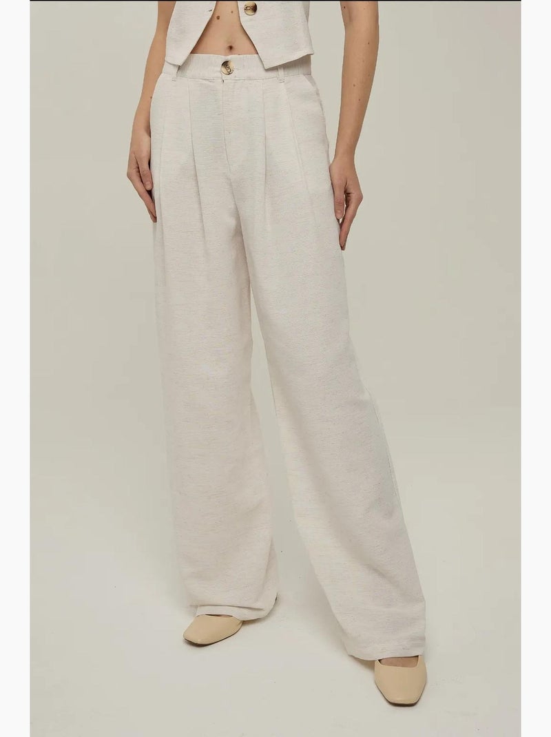 Pantalon large plissé effet lin hiccup Crème - Kiabi