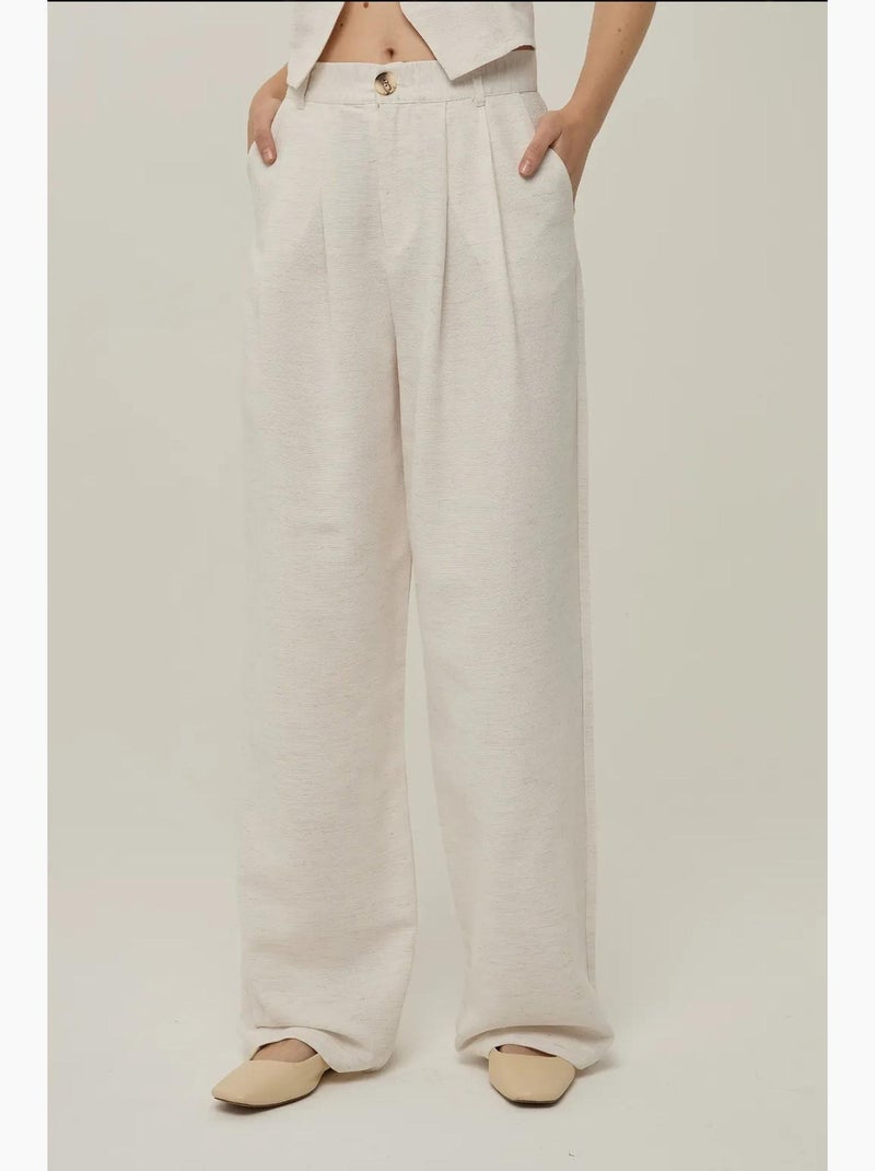 Pantalon large plissé effet lin hiccup Crème - Kiabi