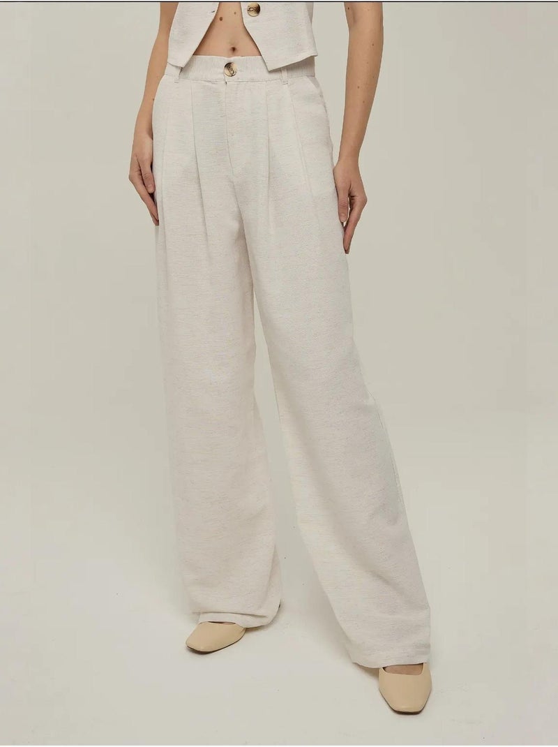 Pantalon large plissé en lin Crème - Kiabi