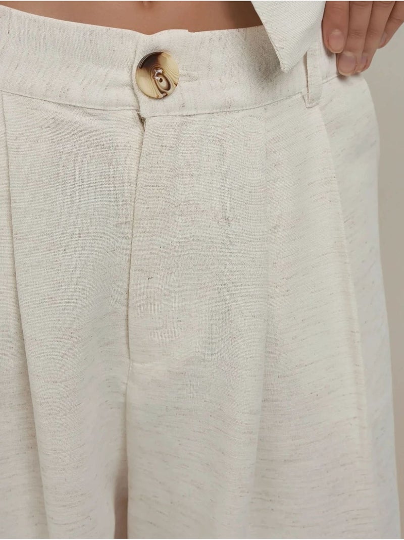 Pantalon large plissé en lin Crème - Kiabi