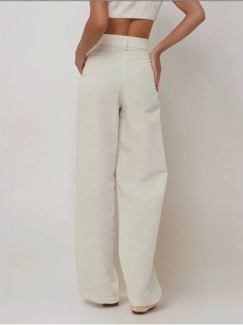 Pantalon large plissé en lin Crème - Kiabi
