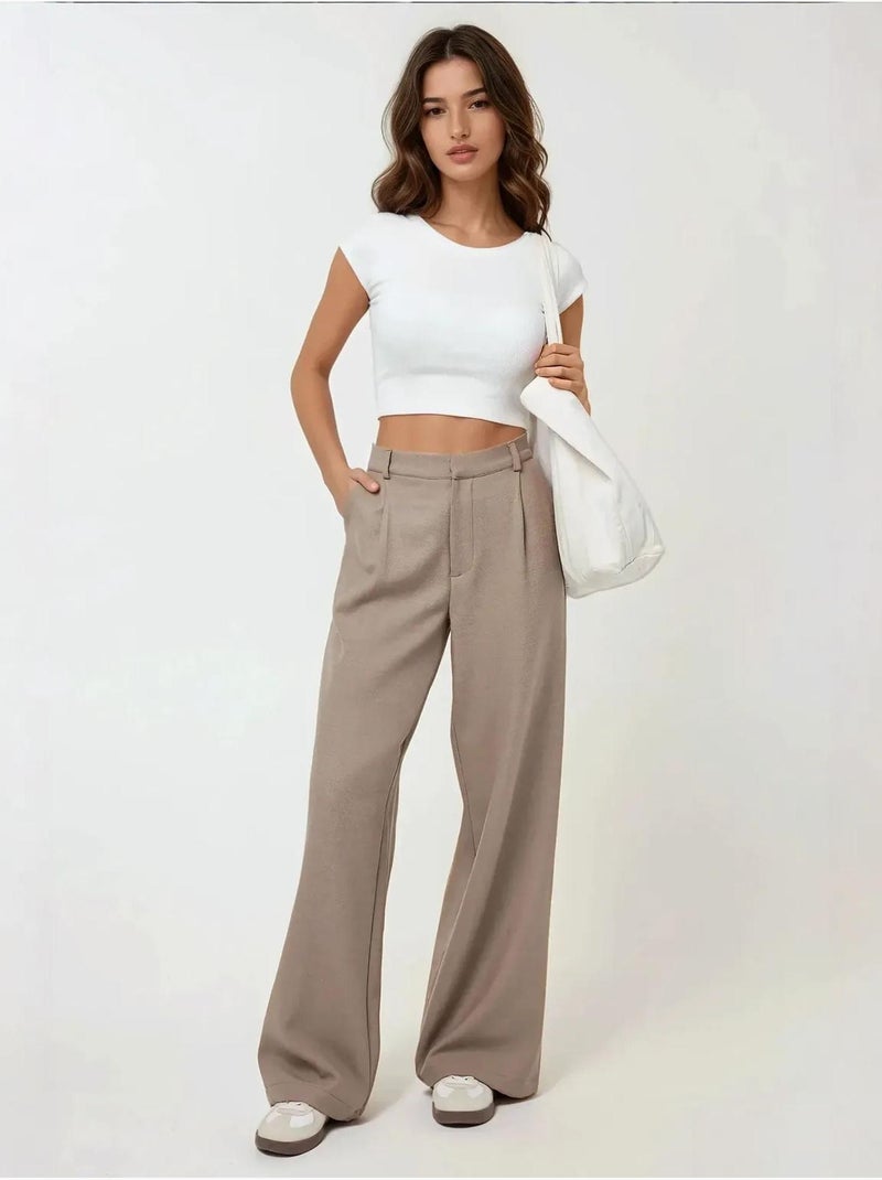 Pantalon large plissé taille haute Beige naturel - Kiabi
