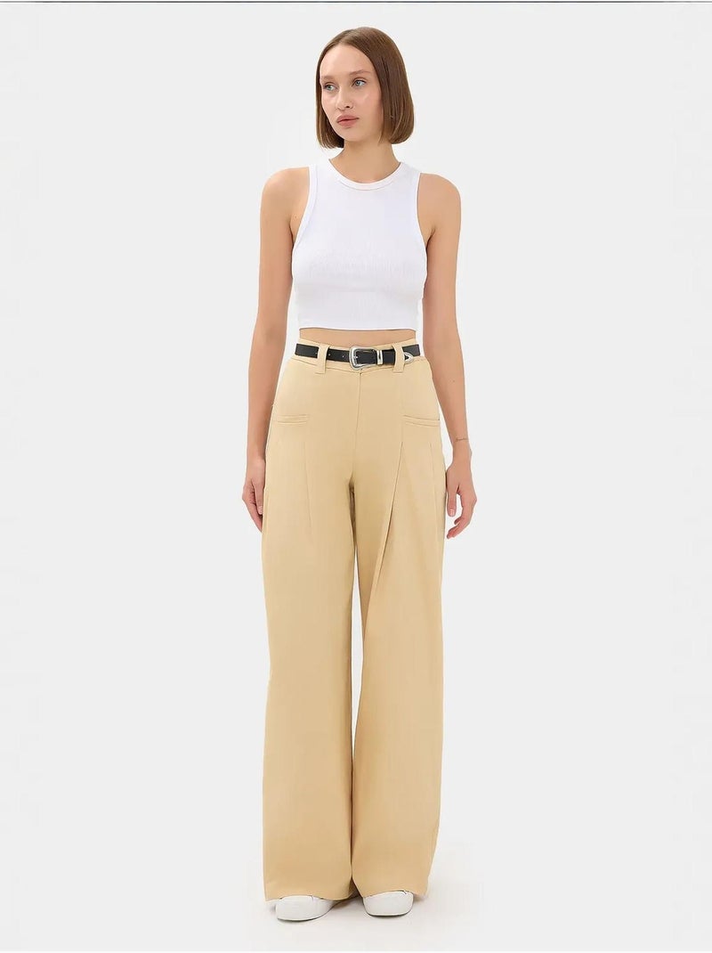 Pantalon large plissé taille haute Beige naturel - Kiabi