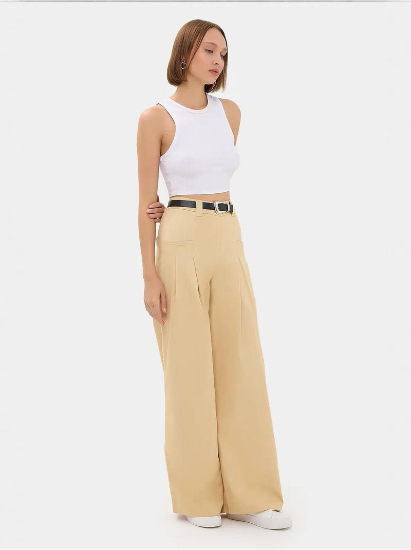 Pantalon large plissé taille haute Beige naturel - Kiabi