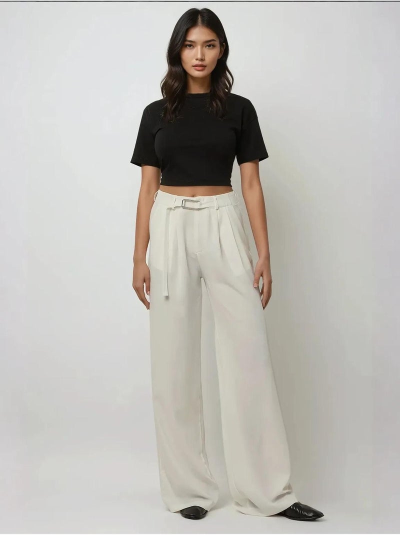 Pantalon large plissé taille haute Blanc - Kiabi