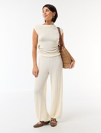 Pantalon large pour femme en maille légère à taille élastiquée