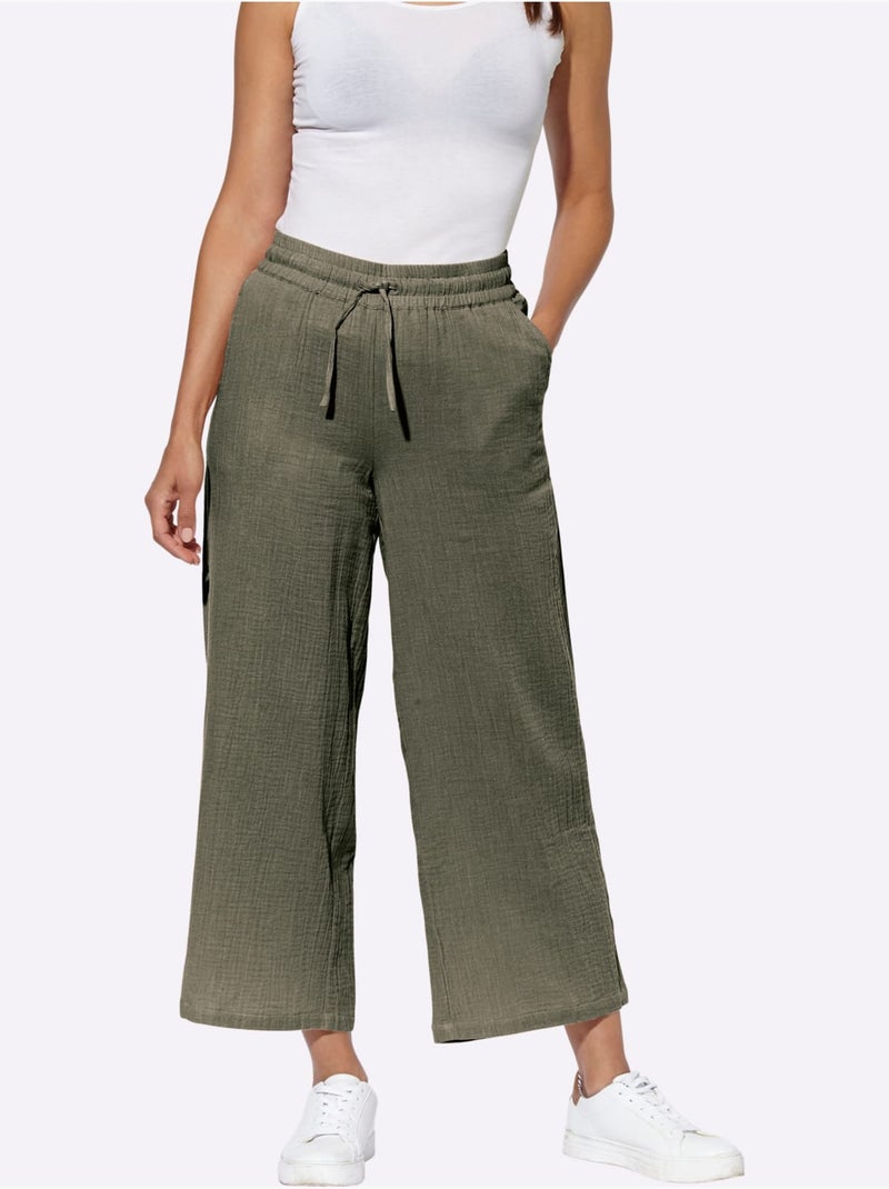 Pantalon large pur coton - taille standard - witt Kaki - Kiabi