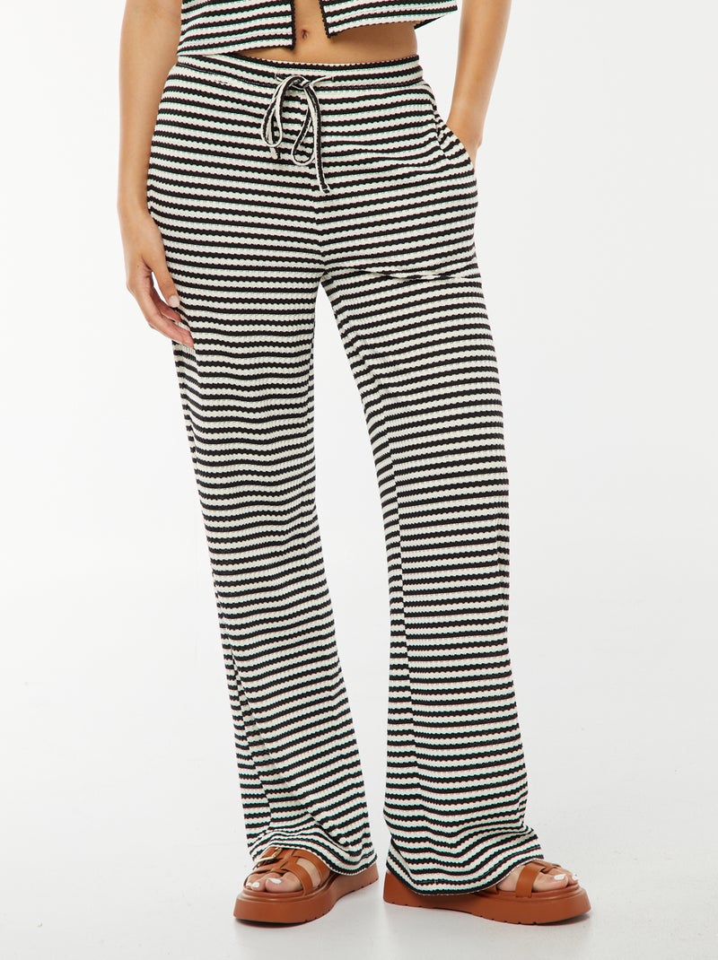 Pantalon large rayé en maille gaufrée Noir/blanc - Kiabi