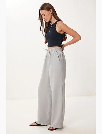 Pantalon jambes larges, taille élastique, cordon de serrage, finitions bordées istanbul