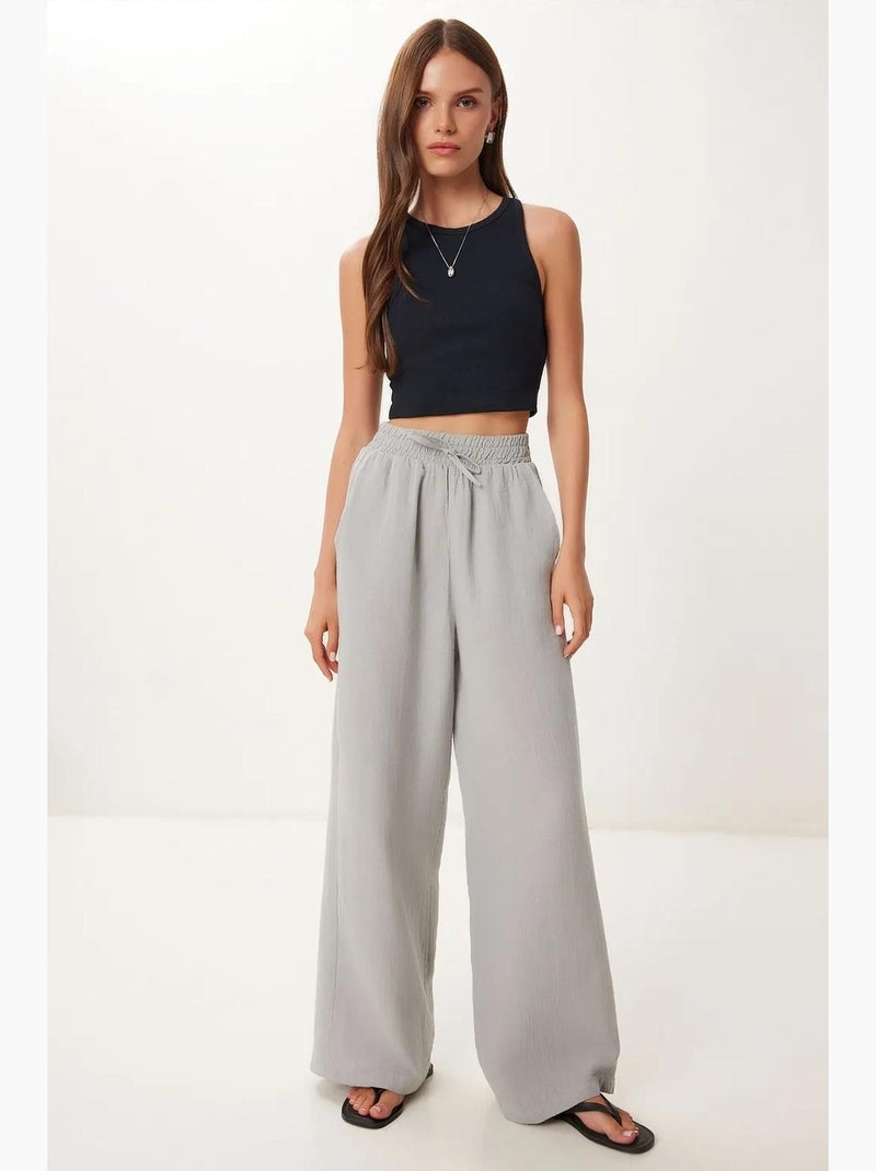 Pantalon large taille élastique cordon finitions bordées istanbul Gris clair - Kiabi