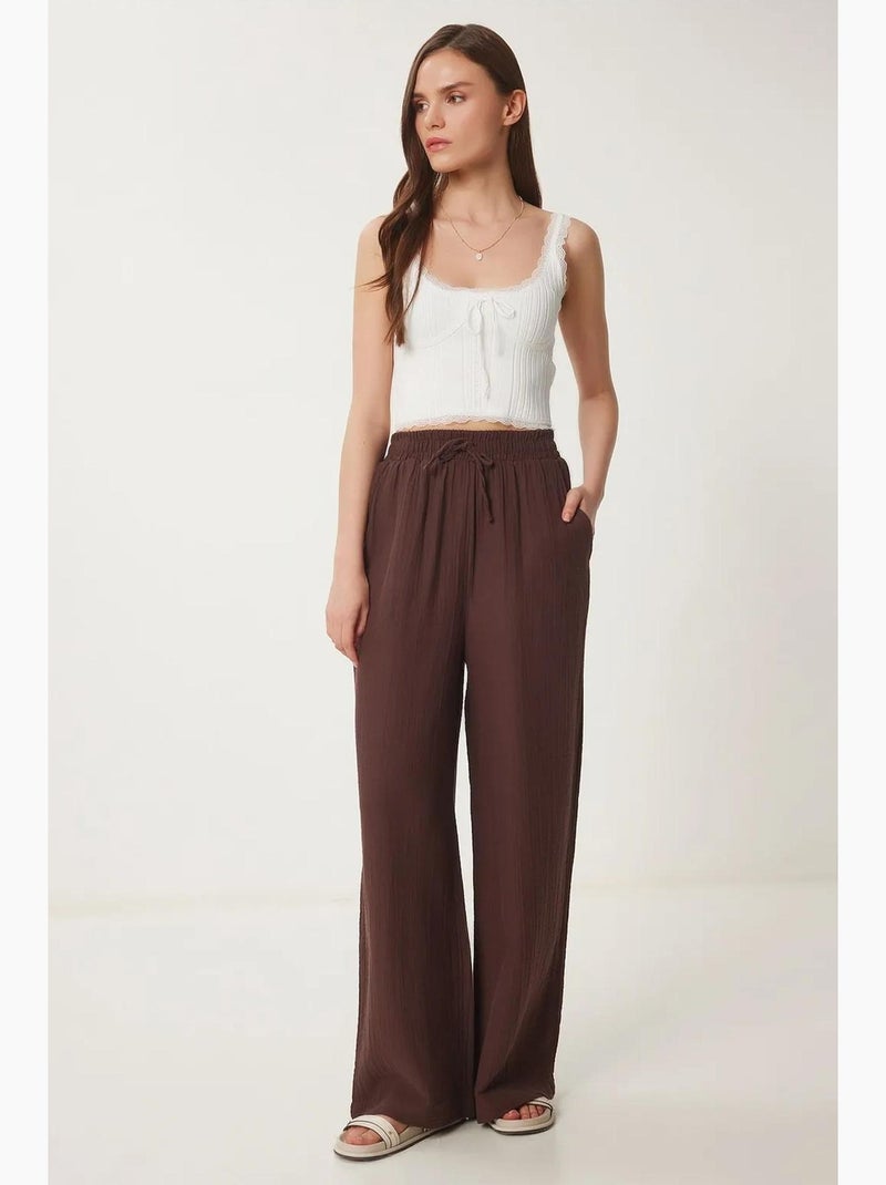 Pantalon large taille élastique cordon finitions bordées istanbul Marron - Kiabi