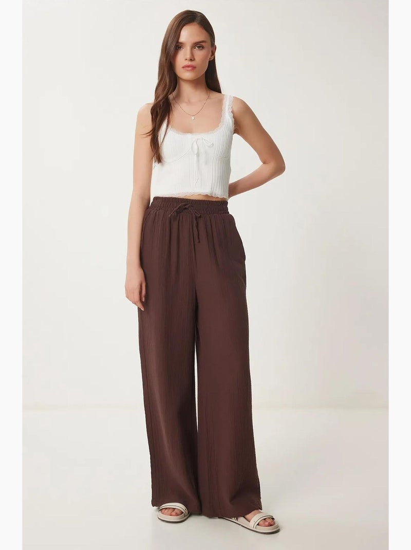 Pantalon large taille élastique cordon finitions bordées istanbul Marron - Kiabi