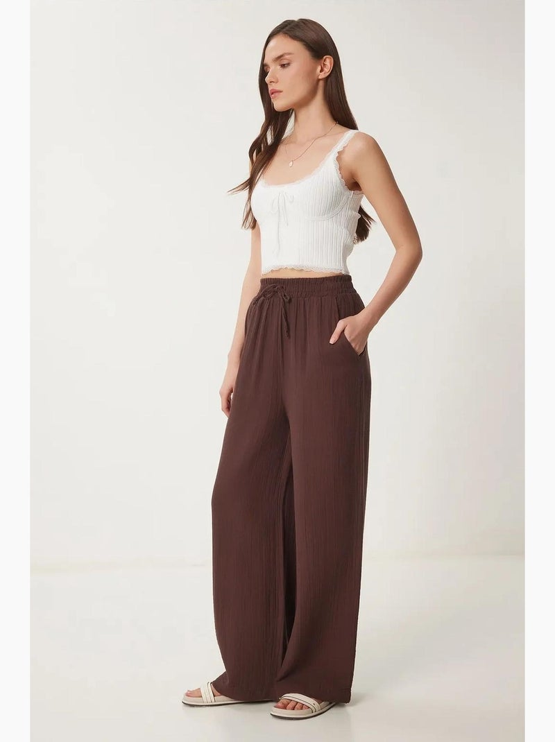 Pantalon large taille élastique cordon finitions bordées istanbul Marron - Kiabi
