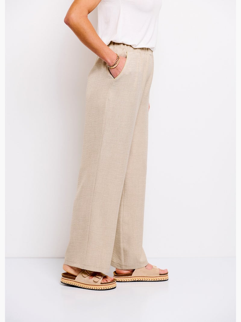 Pantalon large taille élastiquée aspect lin - Afibel Beige - Kiabi