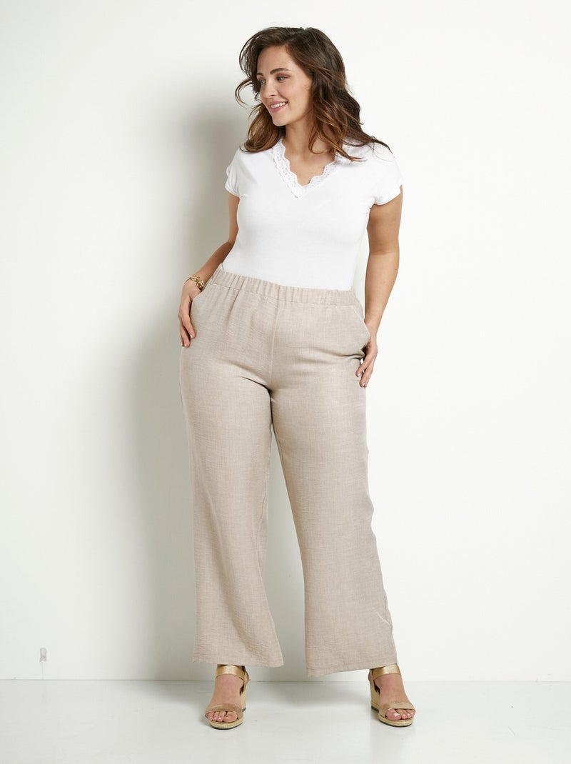 Pantalon large taille élastiquée aspect lin - Afibel Beige - Kiabi