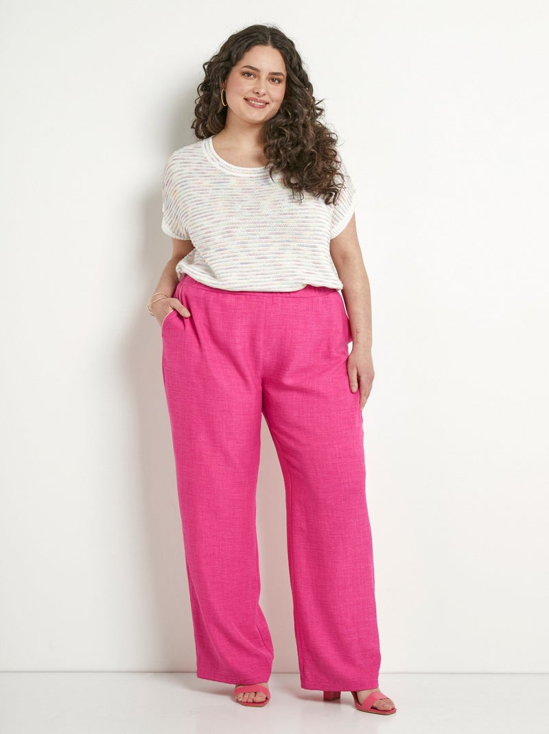 Pantalon large taille élastiquée aspect lin - Afibel Rose - Kiabi