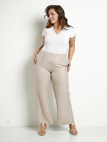 Pantalon large taille élastiquée aspect lin