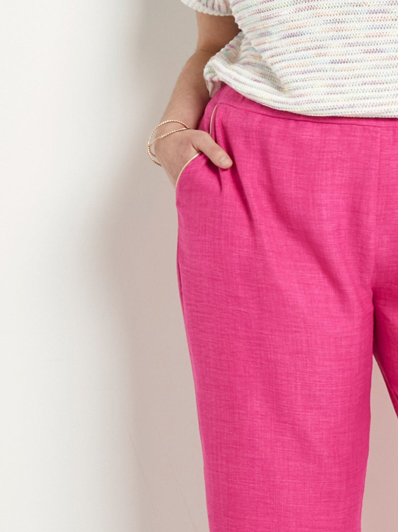Pantalon large taille élastiquée aspect lin Rose - Kiabi