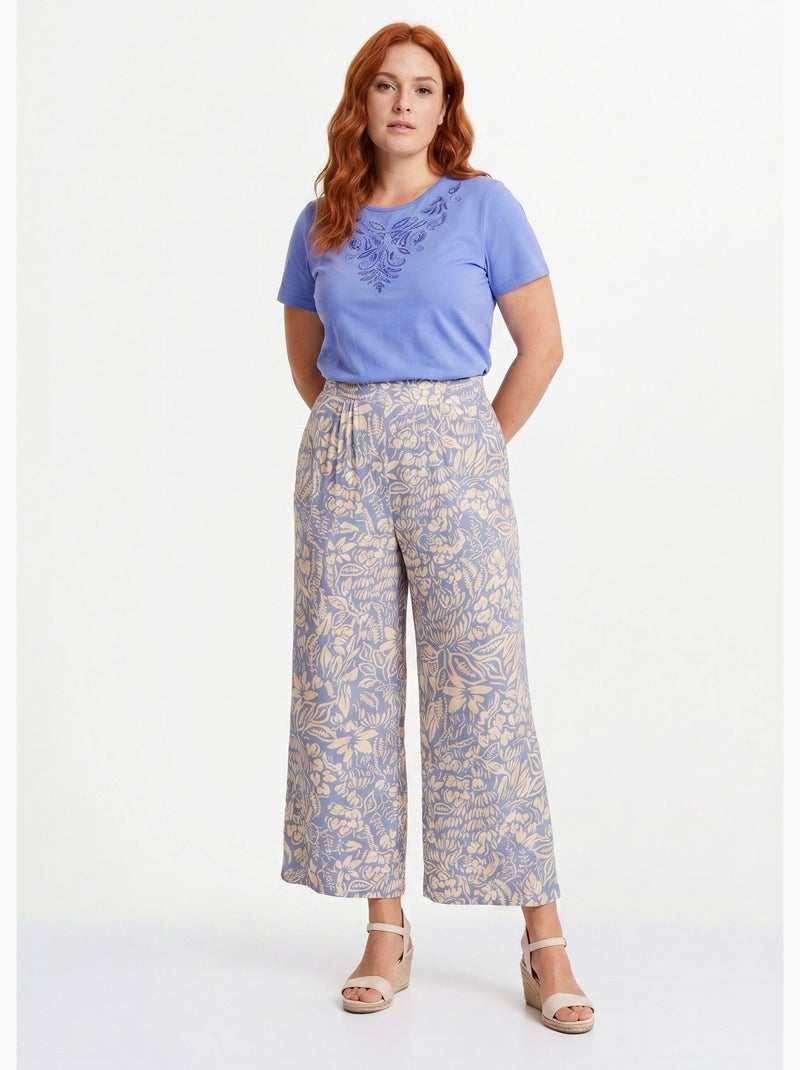 Pantalon large taille élastiquée fleuri ou uni - Afibel Bleu Ecru - Kiabi