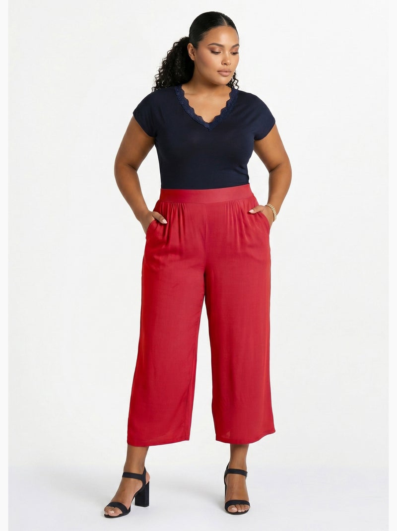 Pantalon large taille élastiquée fleuri ou uni - Afibel Rouge - Kiabi