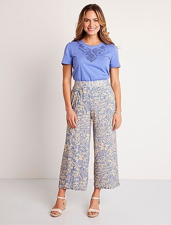 Pantalon large taille élastiquée fleuri ou uni