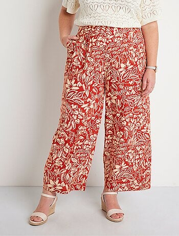 Pantalon large taille élastiquée fleuri ou uni