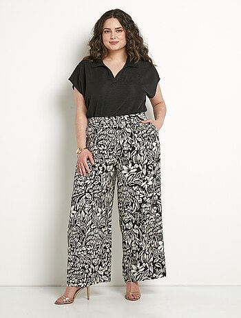 Pantalon large taille élastiquée fleuri ou uni