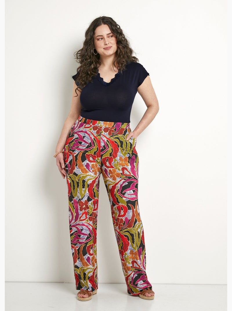 Pantalon large taille élastiquée imprimé - Afibel Noir Violet - Kiabi