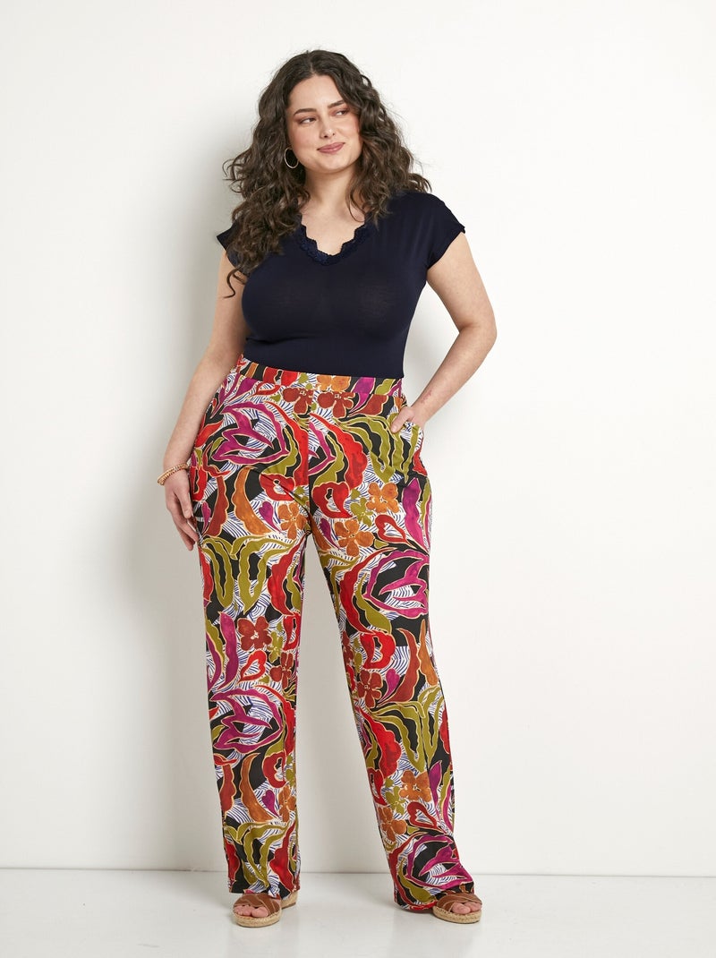 Pantalon large taille élastiquée imprimé Noir Violet clair - Kiabi