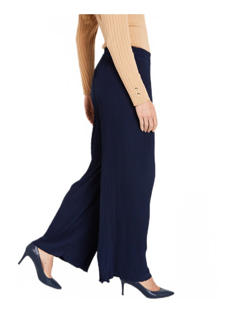 Pantalon large taille élastiquée maille plissée Bleu marine - Kiabi