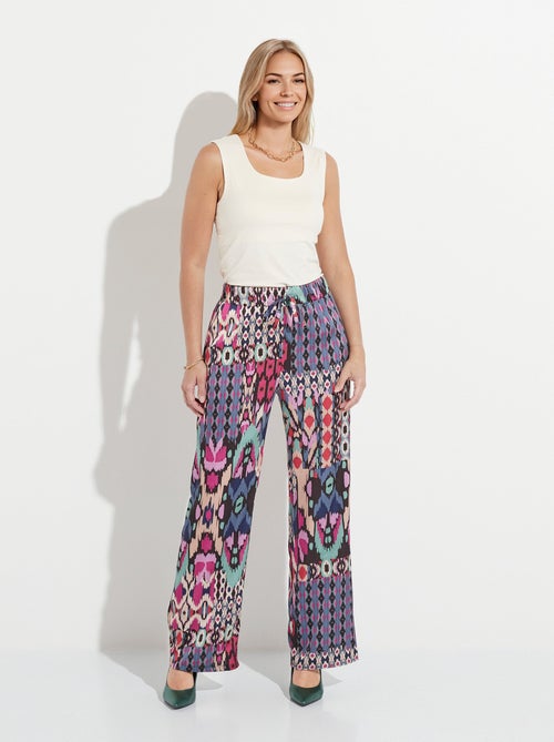 Pantalon large taille élastiquée satin imprimé - Kiabi
