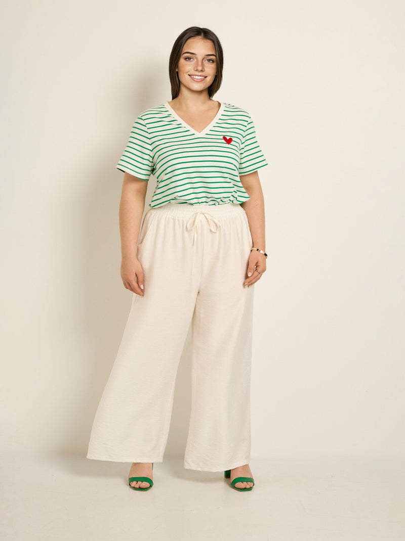 Pantalon large taille élastiquée, uni Ecru - Kiabi