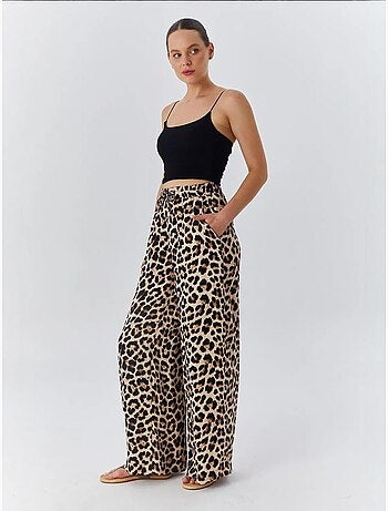 Pantalon large taille haute à imprimé léopard mixray