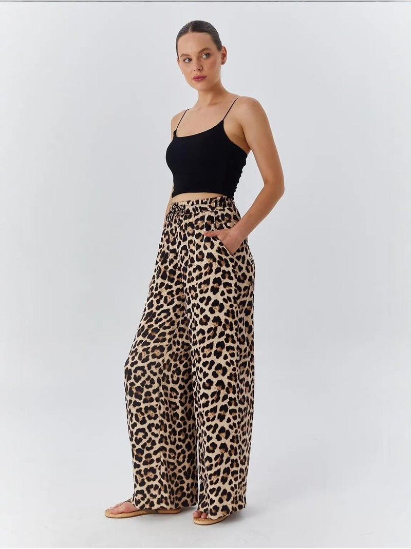 Pantalon large taille haute à imprimé léopard mixray Beige argile - Kiabi