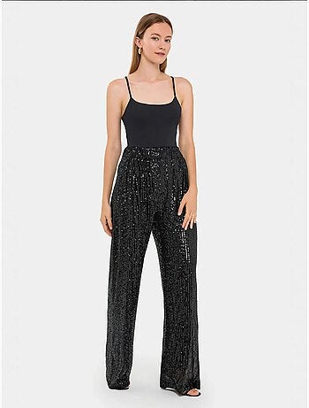 Pantalon large taille haute à paillettes