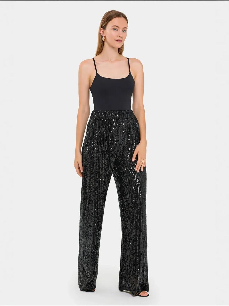 Pantalon large taille haute à paillettes Noir - Kiabi
