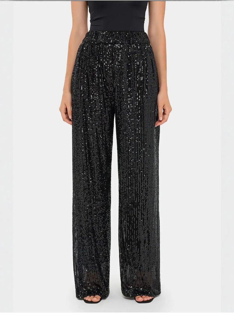 Pantalon large taille haute à paillettes Noir - Kiabi