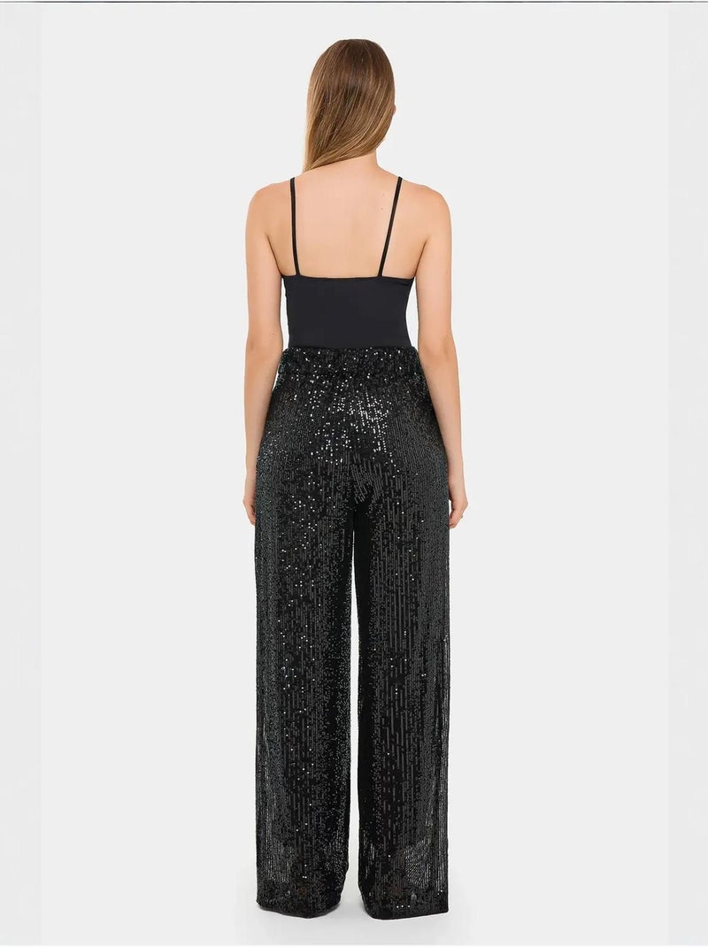 Pantalon large taille haute à paillettes Noir - Kiabi