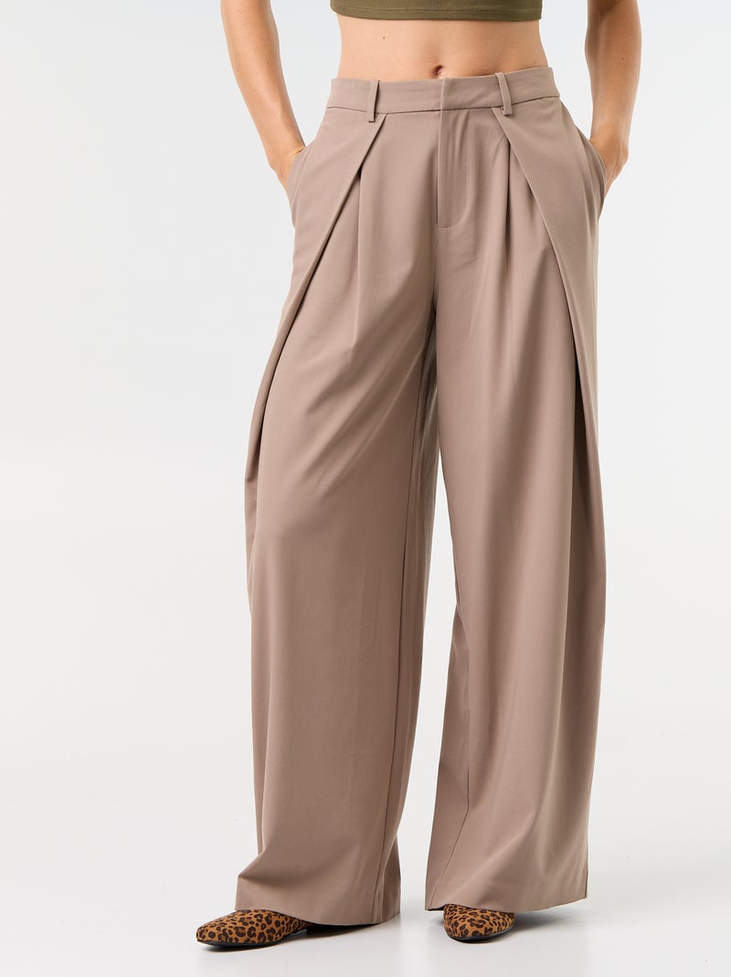 Pantalon large taille haute à pinces Marron - Kiabi