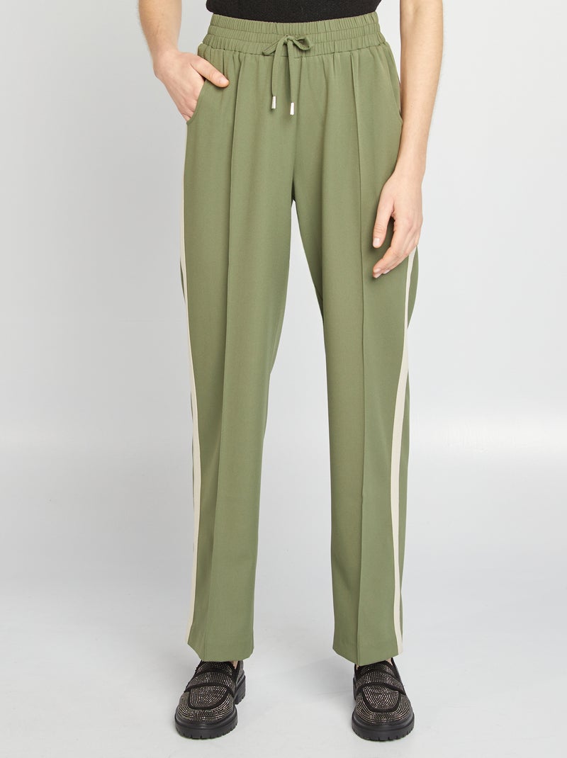 Pantalon large taille haute avec bandes contrastantes Kaki - Kiabi
