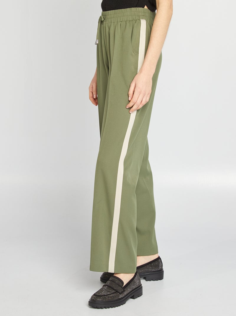 Pantalon large taille haute avec bandes contrastantes Kaki - Kiabi