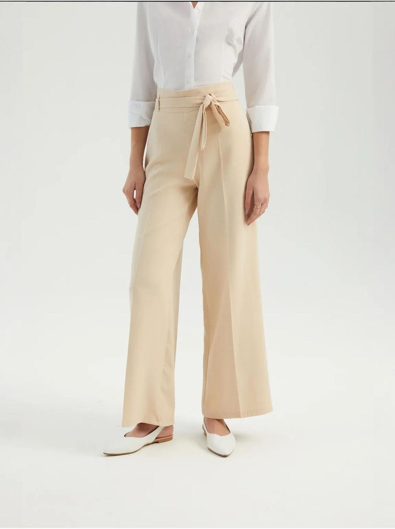 Pantalon large taille haute avec ceinture Beige naturel - Kiabi