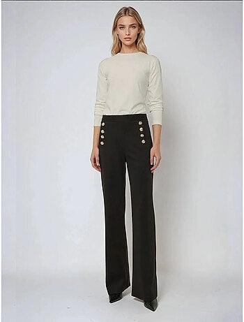 Pantalon large taille haute avec détails boutonnés