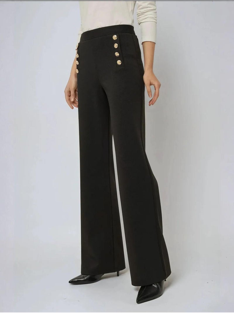 Pantalon large taille haute avec détails boutonnés Noir - Kiabi