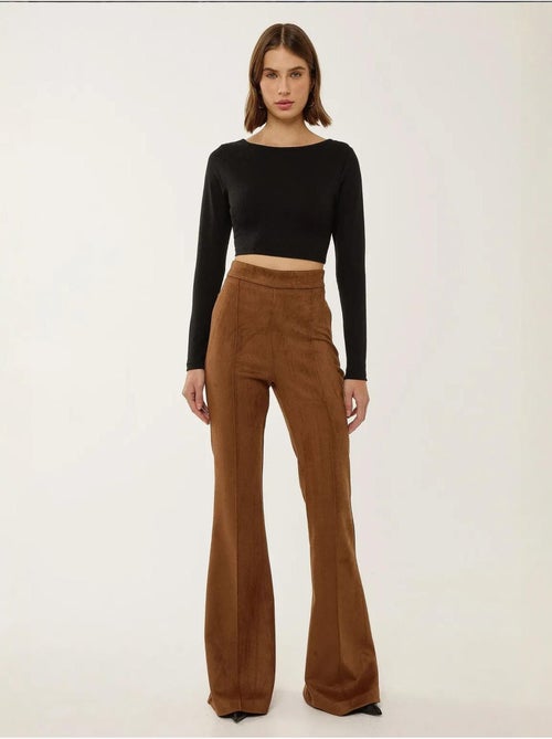 Pantalon large taille haute en daim avec pinces - Kiabi