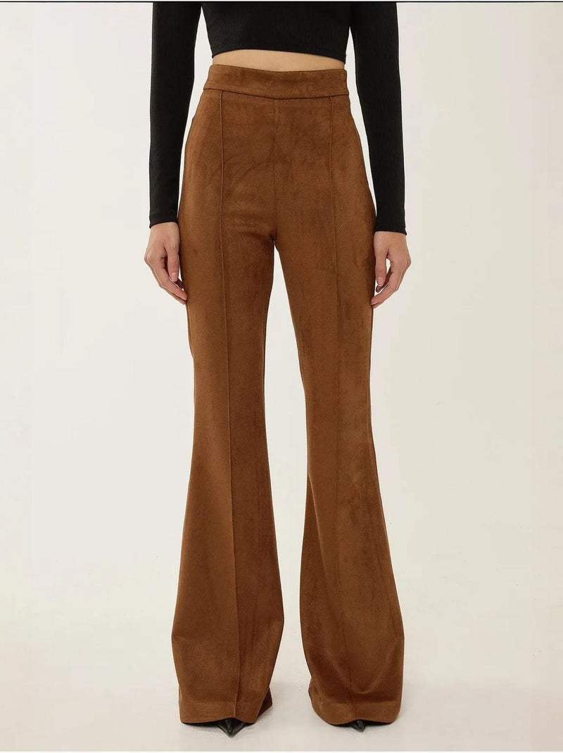 Pantalon large taille haute en daim avec pinces Marron - Kiabi