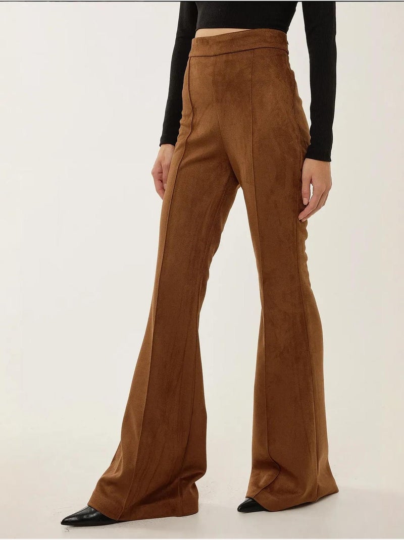 Pantalon large taille haute en daim avec pinces Marron - Kiabi