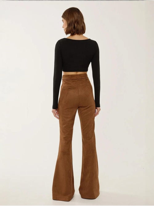 Pantalon large taille haute en daim avec pinces - Kiabi