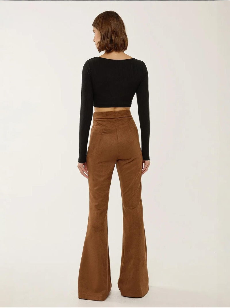 Pantalon large taille haute en daim avec pinces Marron - Kiabi
