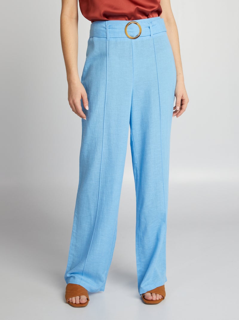 Pantalon large taille haute en lin Bleu - Kiabi